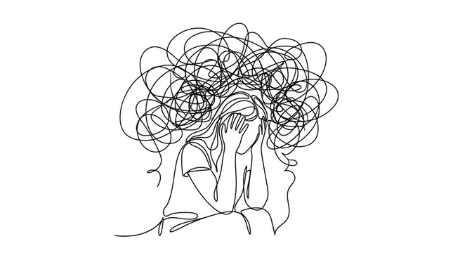 Continuous line art illustration of a stressed person with a tangled mess of thoughts.