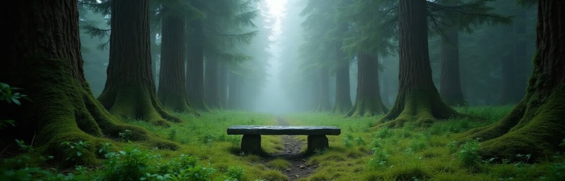 Moss covered trees form a path leading to stone bench in foggy forest. Rich green grass carpets the ground. Peaceful woodland ambiance offers quiet retreat.