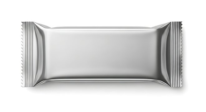 Blank silver flow pack wrapper mockup for food snack or candy bar.