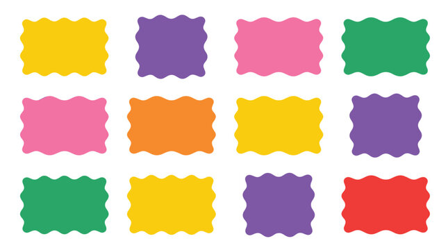 Stationery frame set in a vibrant minimalist style, colorful rectangles, wavy borders, geometric labels, tags, and banners