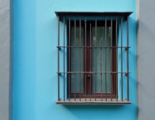 Obraz premium A security barred window on a bright light blue stucco wall. The dark metal bars protect a brown framed glass pane on a sunny day. This classic exterior detail offers a vintage architectural feel.