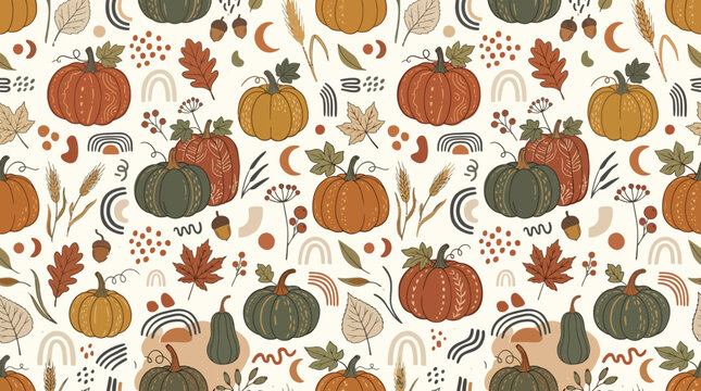 Thanksgiving Pumpkin Seamless Pattern with Autumn Leaves Vector
