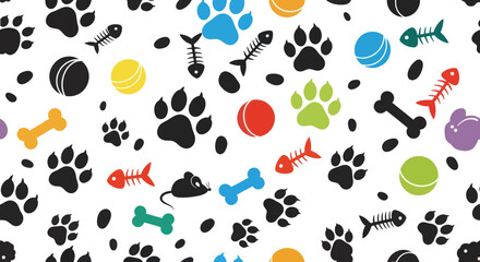 Fototapeta premium Colorful Pet Paw Prints, Bones, Fish Skeletons, Balls, and Mice Seamless Pattern