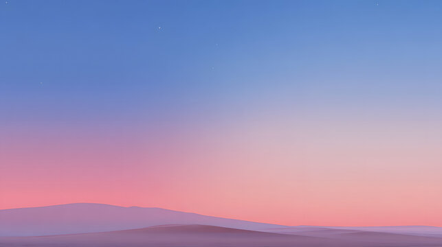Minimalist mountain landscape at sunset with soft pink and blue sky.