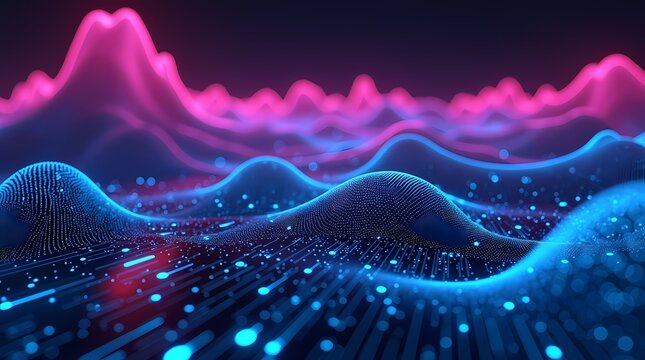 Futuristic abstract network landscape with glowing blue and pink digital data waves. Perfect for cybersecurity content data technology blogs and artificial intelligence layouts. Premium artwork.