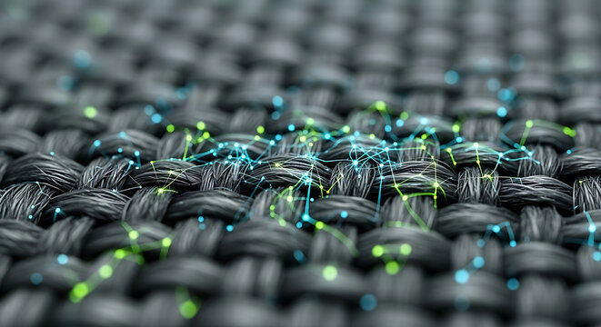Abstract Macro of Carbon Fiber Weave with Glowing Digital Network Connectivity, Representing Smart Textile Innovation, Nanotechnology, and Futuristic Wearable Tech