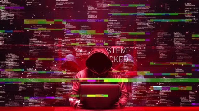 Cyber Security Hacker Data Breach Digital Attack Anonymous hacker laptop glitch effects code streams cyber attack, data breach system hacking, cybersecurity awareness, digital crime network protection