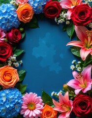 Fototapeta premium Colorful floral border frames empty blue background. Mix of roses hydrangeas lilies daisies gerbera flowers and green leaves create a vibrant natural design for cards.