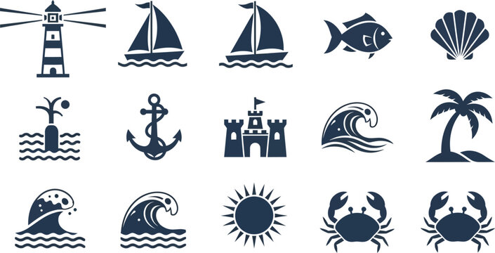 Collection of dark blue nautical and beach on white background, lighthouse sailboat yacht fish seashell