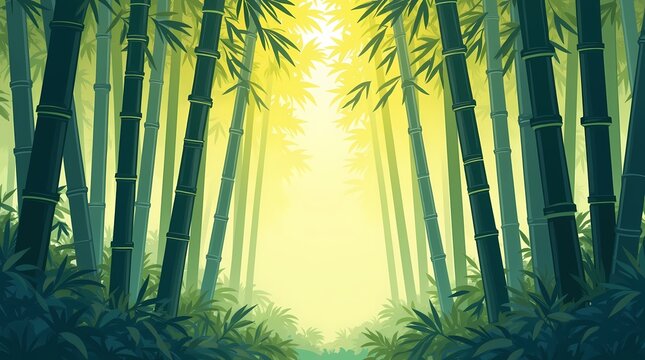 Peaceful green bamboo forest bathed in warm radiant sunlight filtering through the dense leaves. Ideal for zen meditation backgrounds asian culture concepts and nature layouts. High quality graphic.