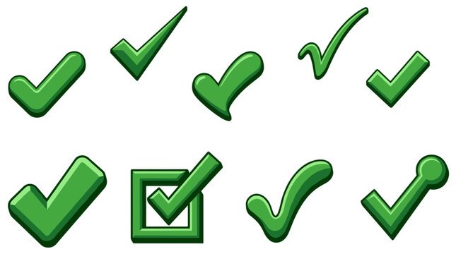 Vector Illustration check mark icons in various styles, 3d isometric tick symbols for success, approval, and completion.