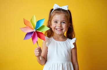 Obraz premium Smiling young girl holds colorful paper pinwheel toy against bright yellow backdrop. Happy child plays with spinning toy, enjoying summer day. Pure childhood joy.