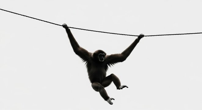 Agile gibbon swinging across a wire, showcasing primate agility and strength in motion