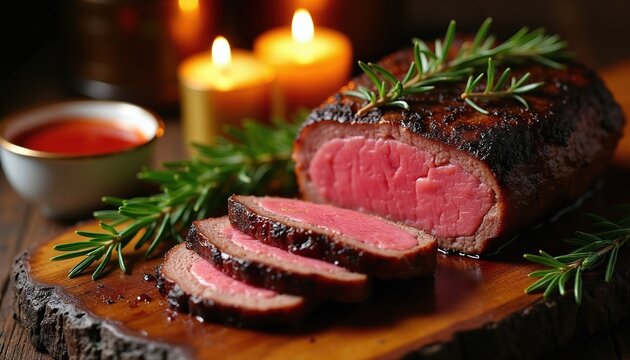 Juicy prime beef roast with rosemary sprigs rests on rustic wood. Sliced meat shows pink center. Red sauce in bowl, lit by candles create cozy dinner mood. Perfect for holiday feasts.