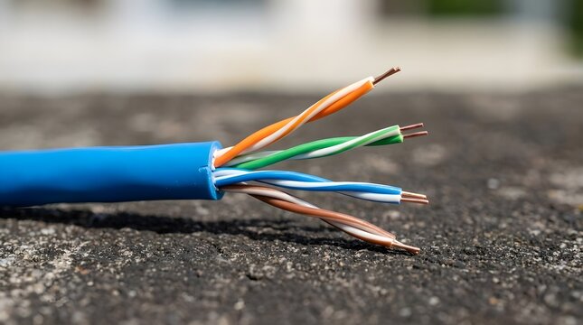 Close-up of a stripped blue ethernet network cable