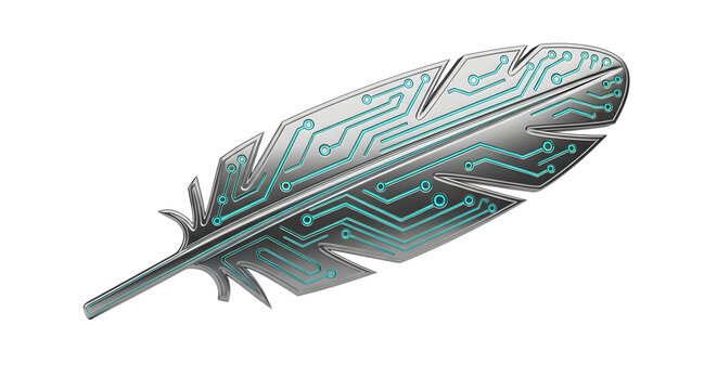 Futuristic Digital Circuitry Feather in Metallic Silver and Blue Tones
