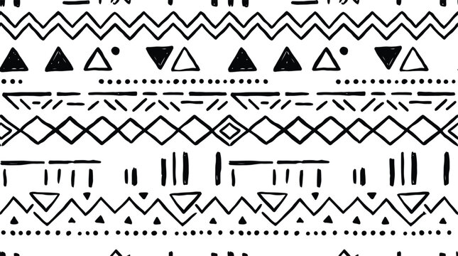 Seamless pattern with hand drawn ethnic geometric tribal elements.