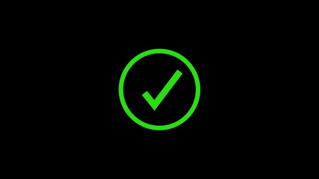 A green check mark icon in a green circle animated reveal.Isolated on a black background.