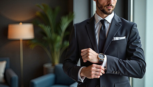 Elegant man in custom-made suit adjusting cufflinks in modern interior
