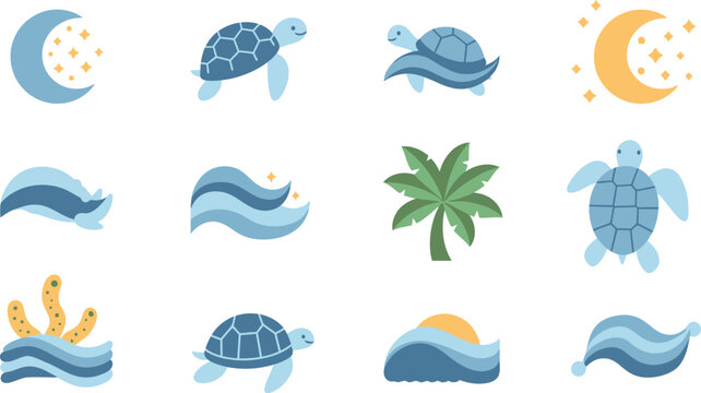 Collection of stylized flat featuring sea turtles, waves, moon, stars, palm tree, and coral ocean water