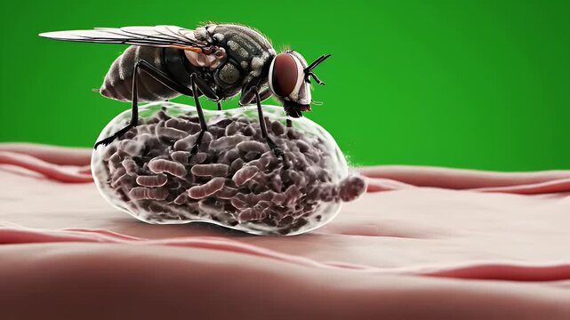 Cinematic CGI Visualization of Sandfly Bite Depicting Microorganisms Interacting with Skin Tissue