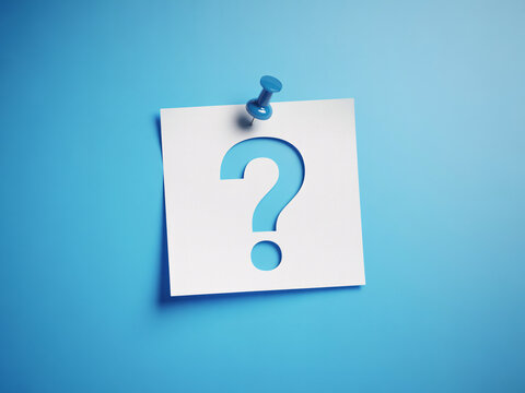 Question mark symbol on sticky note for inquiry and information, blue