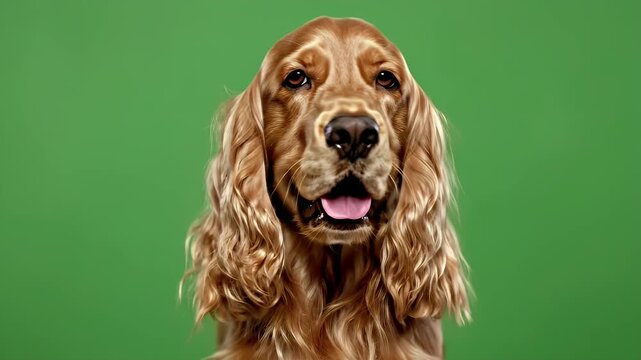 Close-Up of a Friendly Adult Cocker Spaniel with Bright Eyes Against a Green Background
