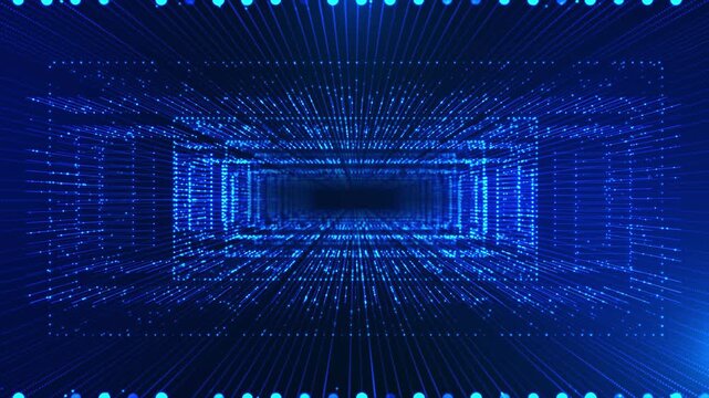 Glowing blue digital tunnel particle grid flowing data points Data Tunnel immersive cyber environment depth perspective. big data, network systems, cybersecurity visuals artificial intelligence .