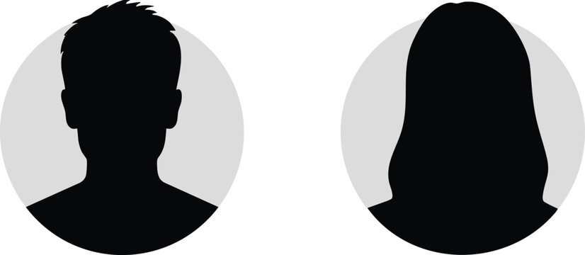 Silhouette profile icons of a man and a woman representing user avatars or generic people isolated on white background for web and app design