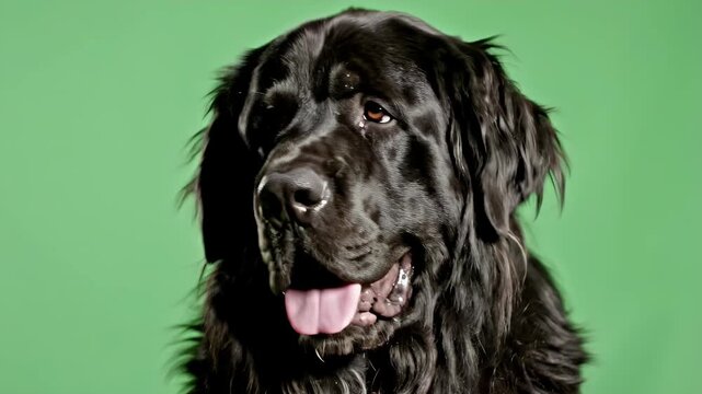 Close-Up of a Friendly Adult Newfoundland Dog with a Wet Black Coat Against a Vivid Green Background