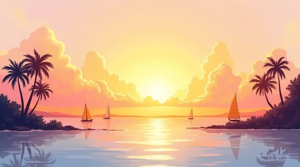 Fototapeta premium Idyllic tropical sunset over calm waters with sailboats and palm trees silhouetted. Perfect for travel agency promos summer vacation blogs and exotic island designs. High resolution graphic.