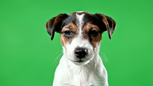 Close Up of a Jack Russell Terrier Puppy with Playful Expression Against a Vibrant Green Background