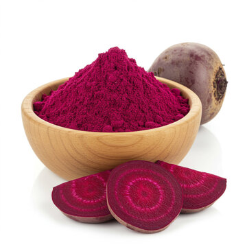 Organic Beetroot Powder in Wooden Bowl with Fresh Beetroot Slices on White Background