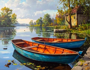 Obraz premium Serene Lakeside Scene with Tranquil Waters and Moored Boats on a Calm Day
