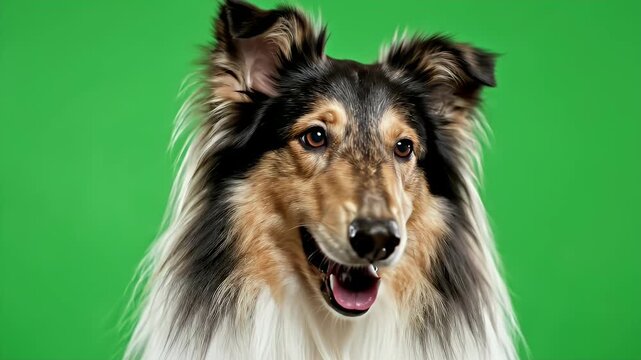 Close-up of an Adult Collie Dog with Bright Expressive Face on Vibrant Green Background