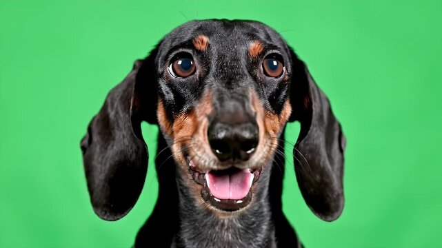 Close-Up of an Adult Dachshund's Face with Expressive Eyes and Friendly Smile Against a Solid Green Background