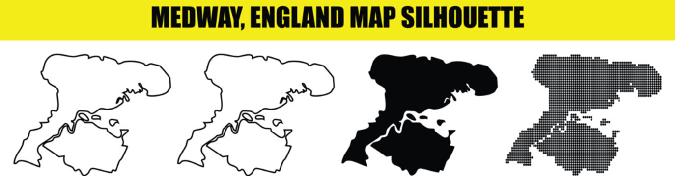 Medway England map silhouette vector design featuring solid and halftone patterns for professional cartographic applications.