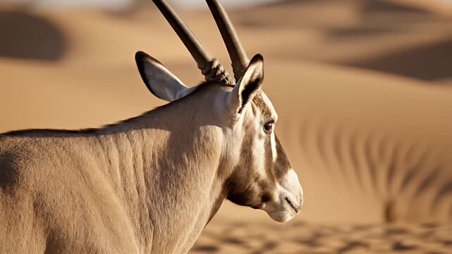 Close-Up of an Arabian Oryx Turning Its Head in a Desert Landscape with Golden Sandy Dunes