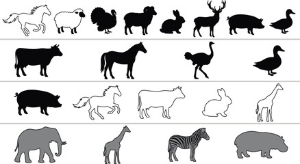 Fototapeta premium Farm and Wild Animal Silhouettes Collection with Livestock Birds and Safari Animals Vector Set