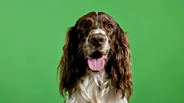 Close-Up Shot of a Joyful Adult English Springer Spaniel Against a Vibrant Green Background
