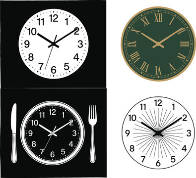 Wall Clock Collection with Modern Classic Roman Numeral and Plate Clock Design Vector Set