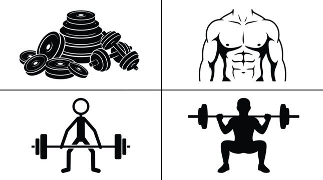 Weightlifting and fitness icons set with barbell plates muscular body and squat exercise silhouettes collection