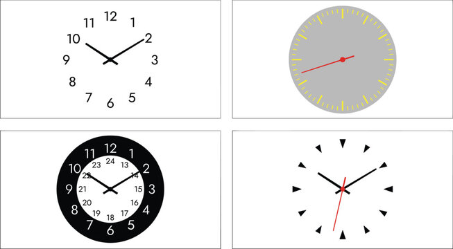 Wall Clock Variations Set with Modern Minimal Classic and 24 Hour Dial Designs Vector