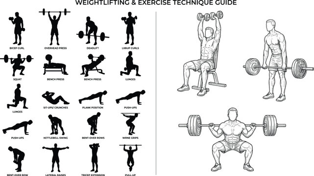 Weightlifting exercise technique guide with gym workout silhouettes strength training movements and fitness instruction illustrations