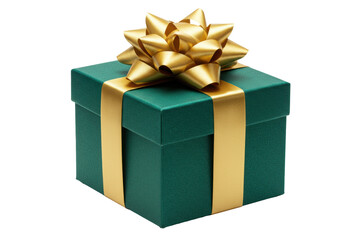 Obraz premium Elegant emerald green gift box, luxurious matte texture, gold satin ribbon, multi-looped bow, white background, copy space, concept of luxury gifting and anticipation