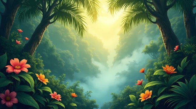 Romantic heart shaped opening in a tropical jungle canopy framing bright glowing light. Suitable for romantic getaways honeymoon travel promos and exotic love themes. Premium digital graphic art.
