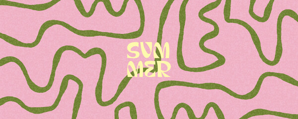 Summer horizontal abstract background with green hand drawn curved lines on pink. Modern art minimalist style design template for sales, horizontal poster, header, cover, social media, fashion ads. © Tanya Shulga