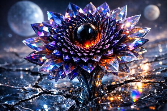 Extreme macro of a surreal flower with iridescent crystal petals on a low-gravity exoplanet. Glowing obsidian core and hyperbolic geometry refracting light from two moons