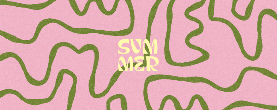 Summer horizontal abstract background with green hand drawn curved lines on pink. Modern art minimalist style design template for sales, horizontal poster, header, cover, social media, fashion ads.