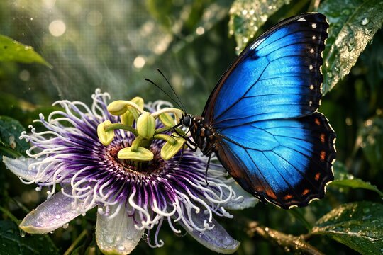 Vibrant close-up of a Blue Morpho butterfly with iridescent wings on a complex Passion Flower (Passiflora). Tropical jungle setting with sharp focus on filaments and wings